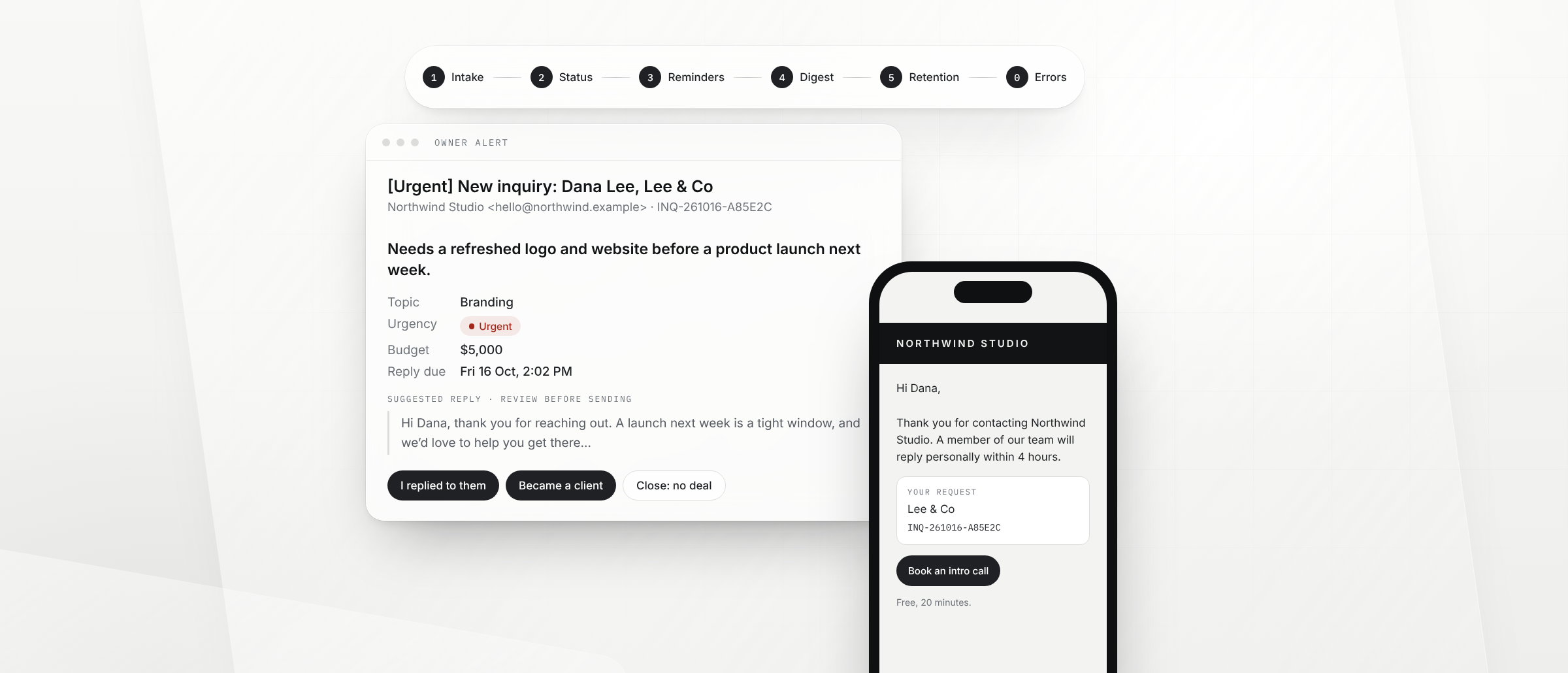 Flow’s owner alert email with a summary, a suggested reply and three status buttons, beside a phone showing the sender’s confirmation