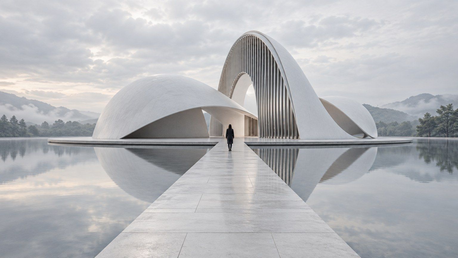 A stone walkway across still water leading to the entrance of the Benjaire pavilion
