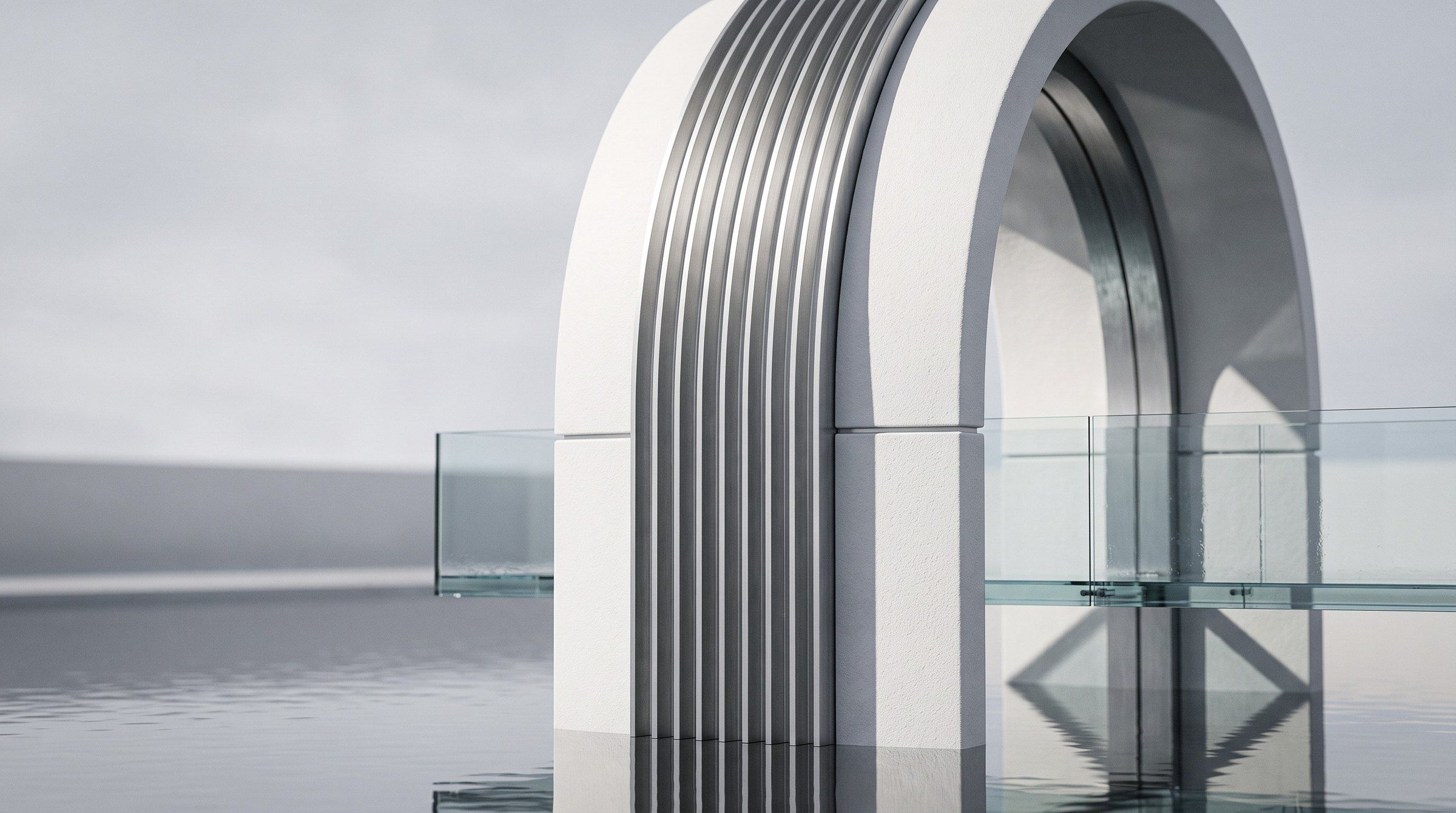 Detail of the pavilion's ribbed aluminum arch with a glass bridge passing through it